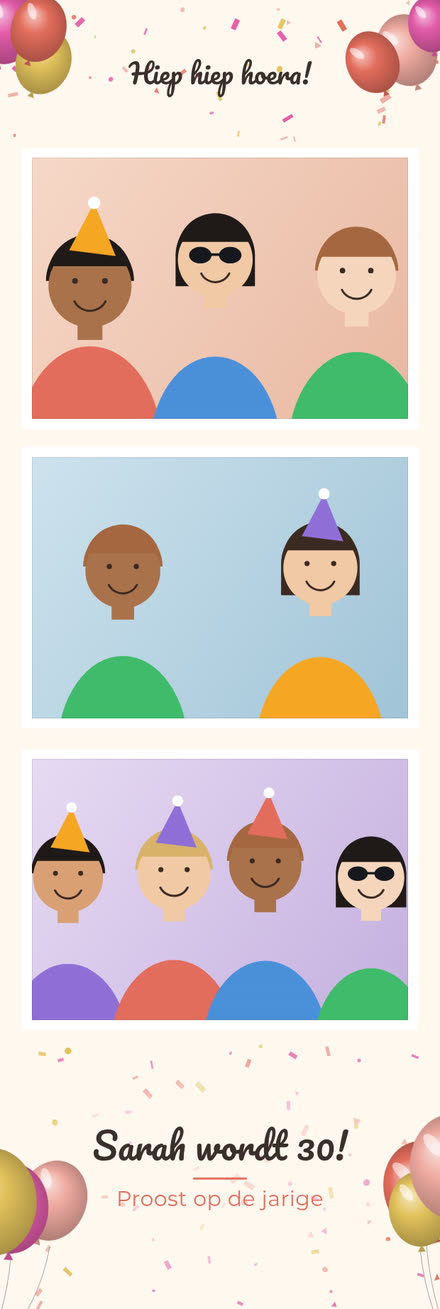Voorbeeld van een zelf ontworpen fotostrip met ballonnen en de tekst Sarah wordt 30